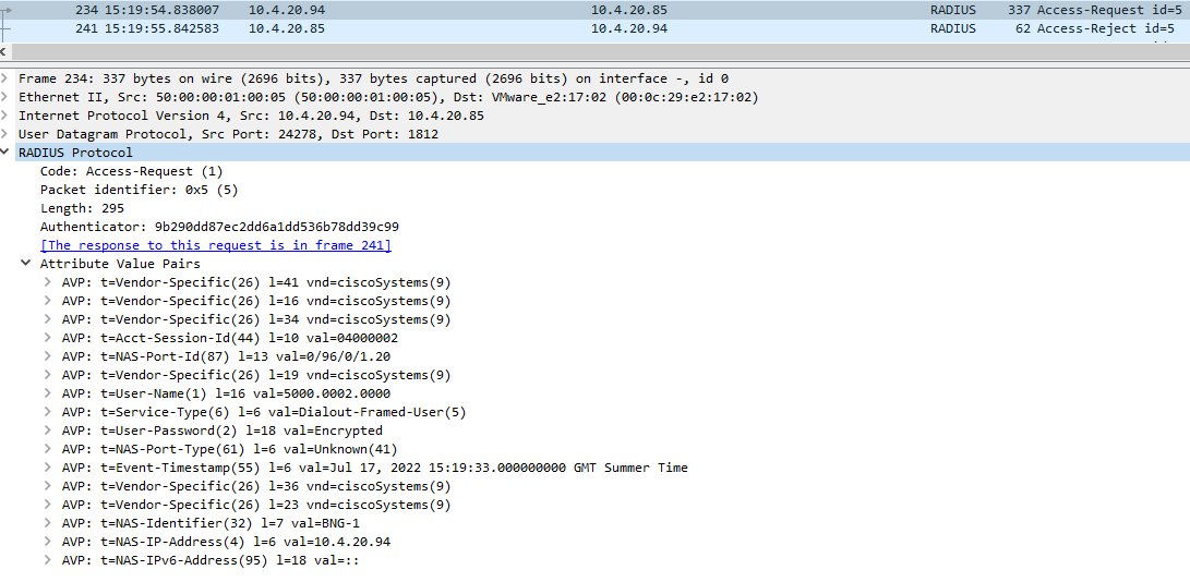 RADIUS Access-Request from ISP2 Wireshark Capture